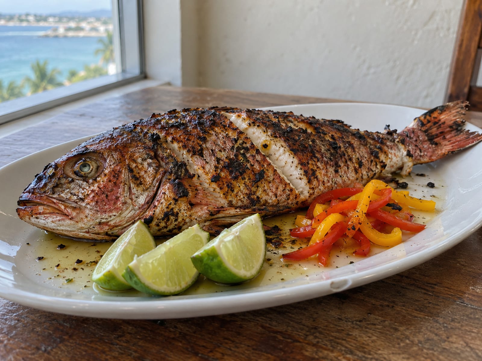 A whole grilled red snapper on a plain white plate with lime wedges