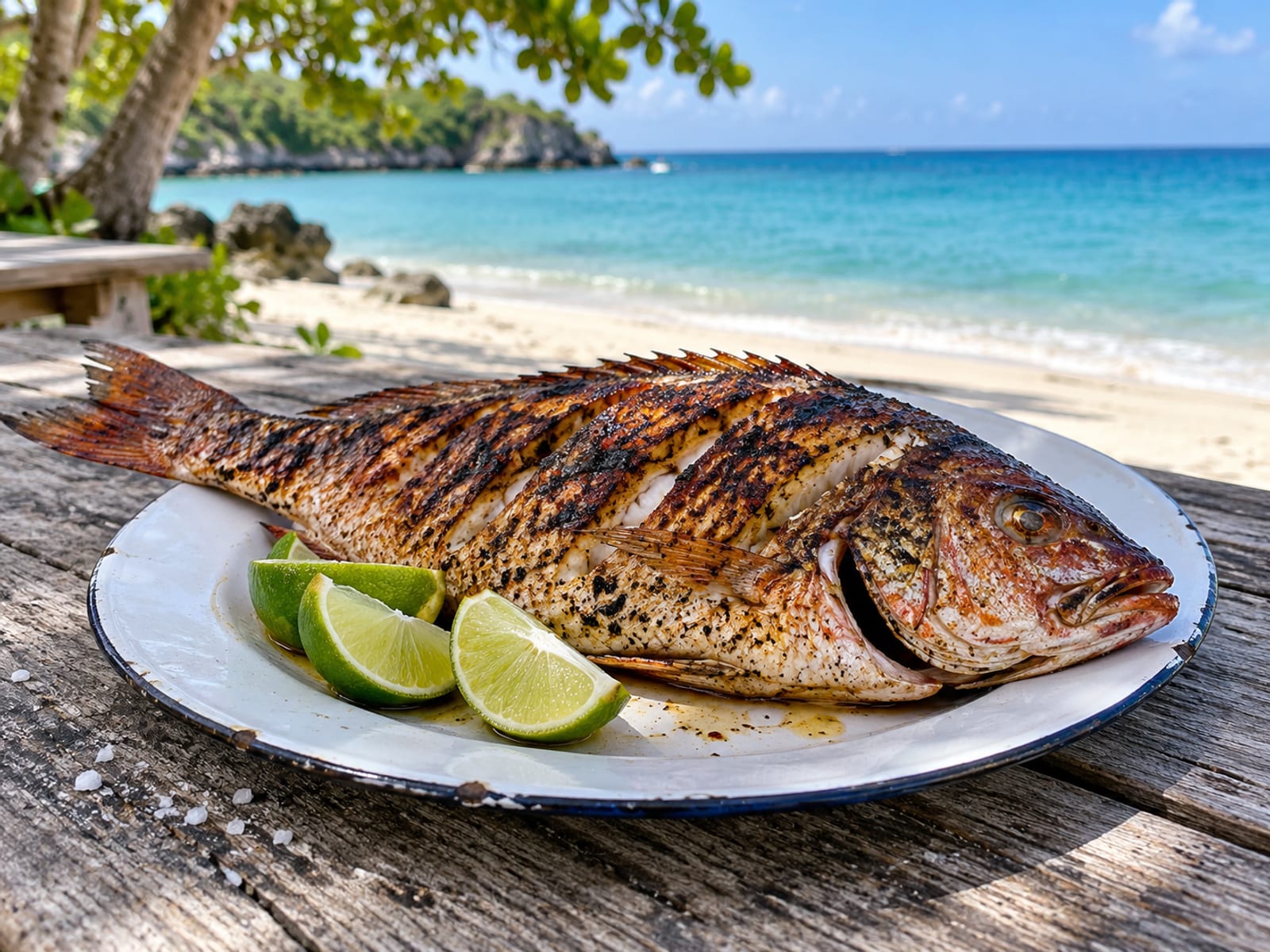 Whole grilled snapper on a plate on a wooden table beside a sunny beach