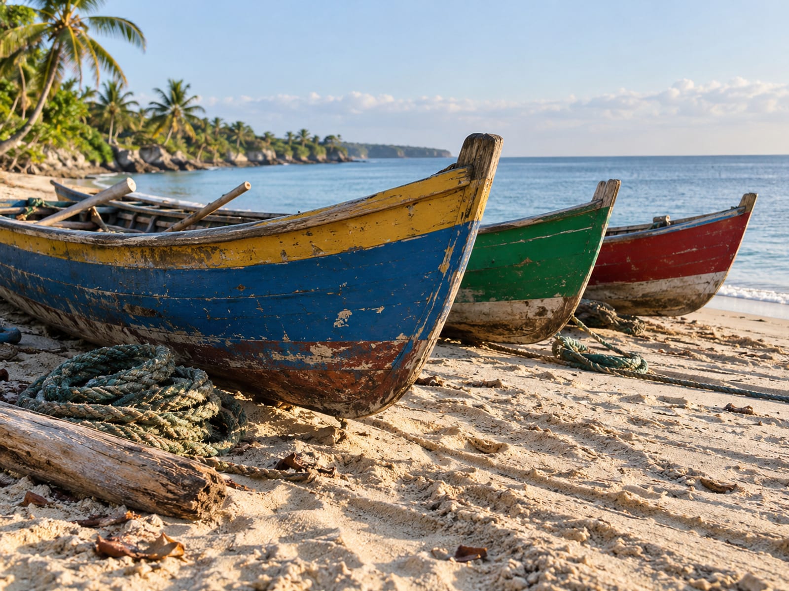 Wooden fishing boats pulled up on a sandy shore beside calm water
