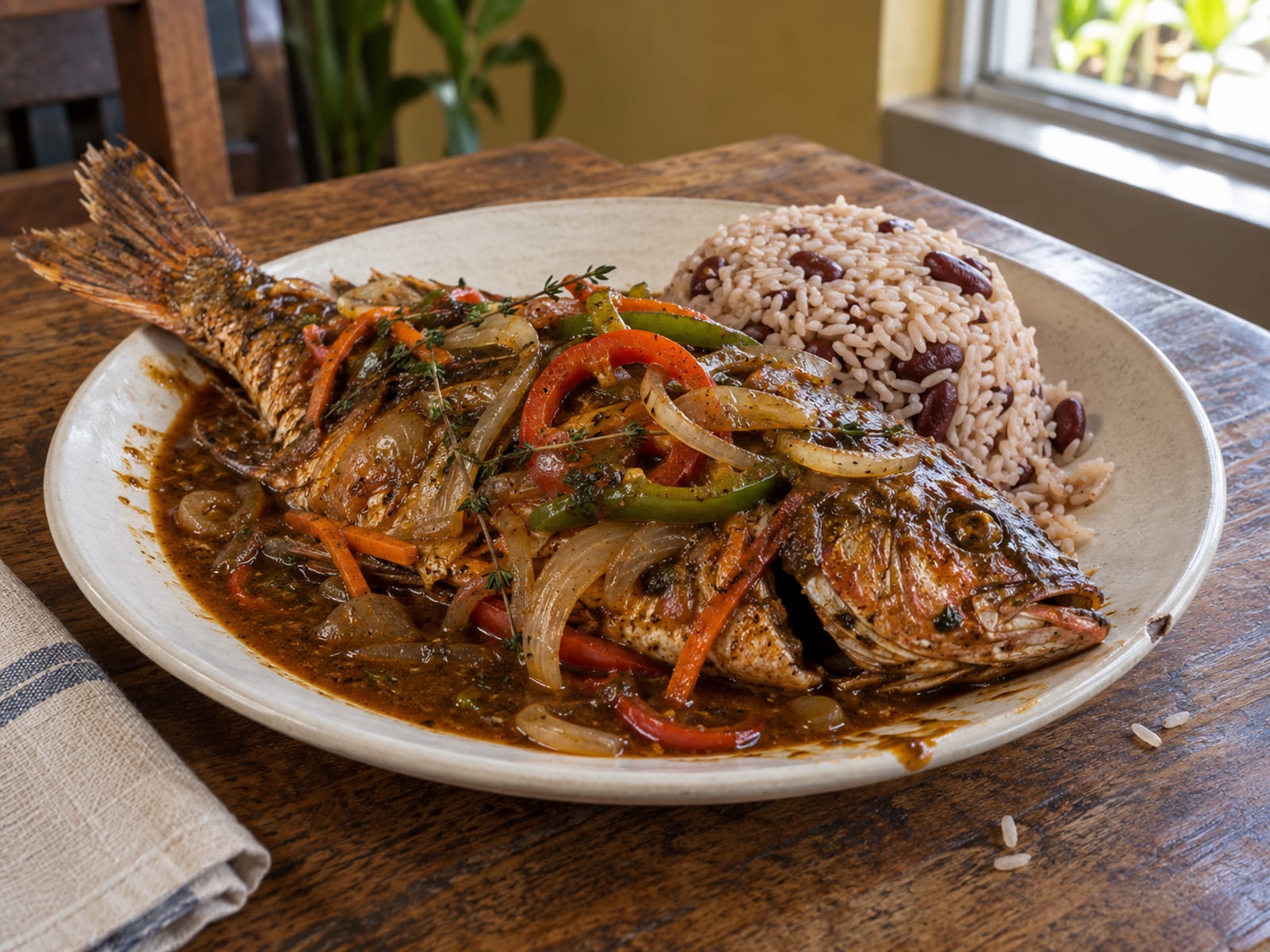 A plate of brown stew fish in dark gravy with rice and peas