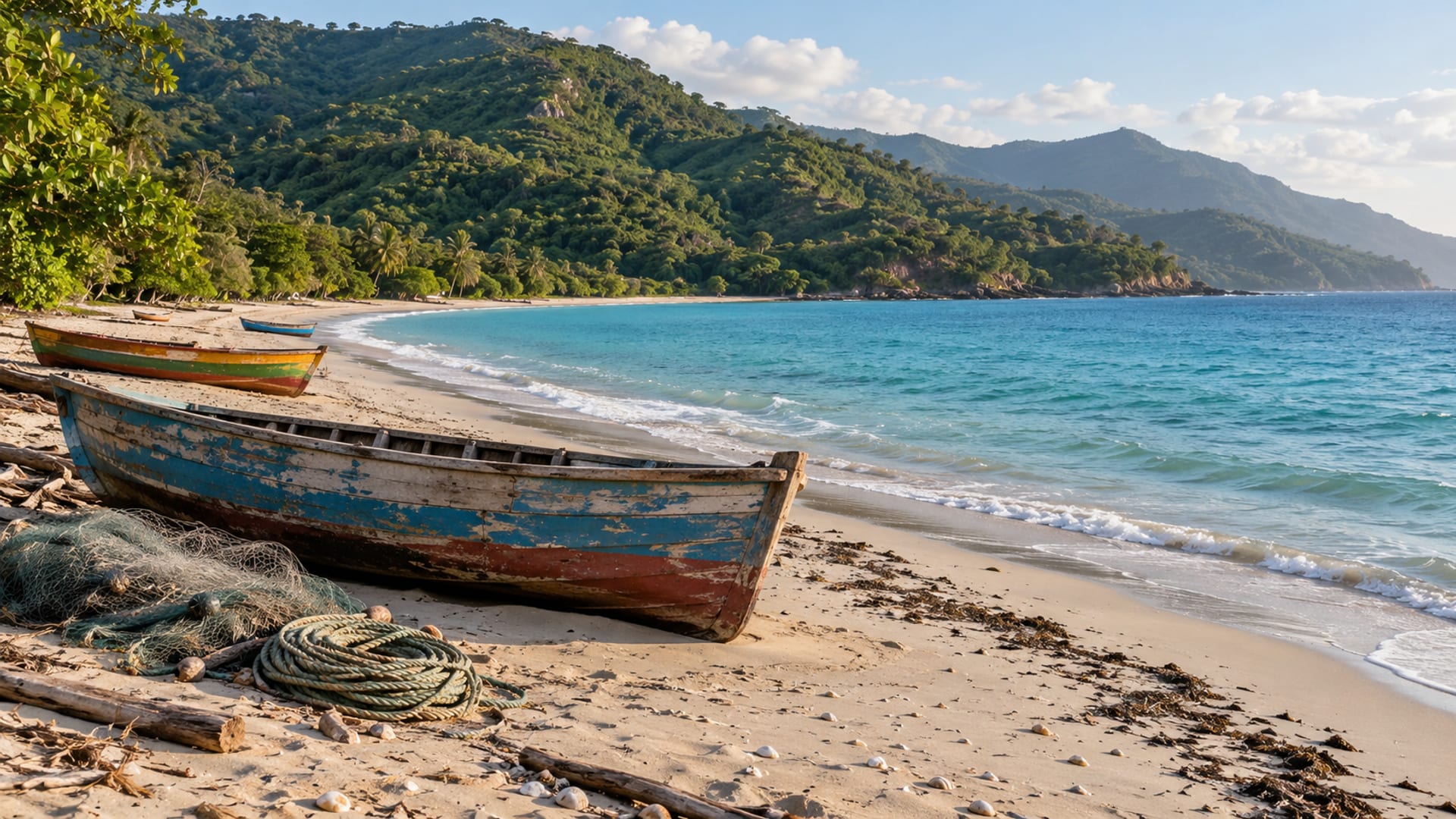 Turquoise Caribbean water meeting a curved north coast beach with green hills behind