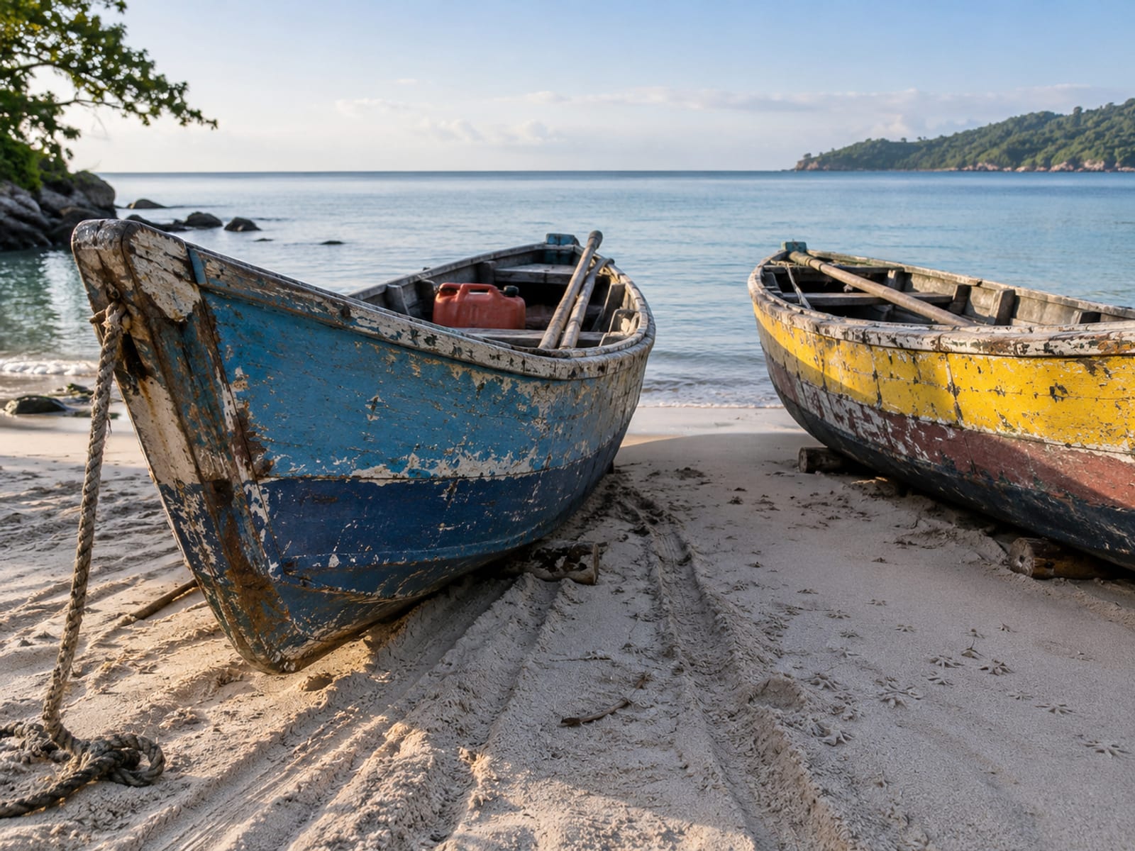 Colourful wooden fishing boats pulled up on a sandy Caribbean beach