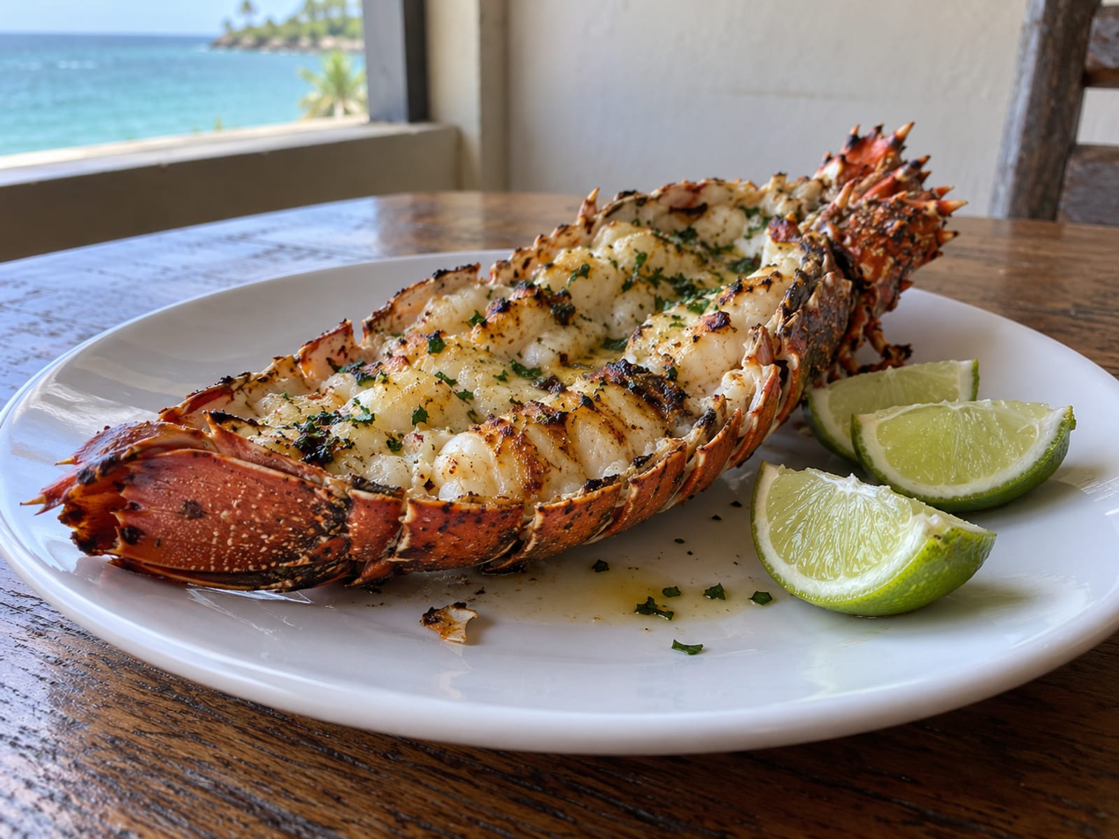 A grilled lobster tail split open on a plain white plate with lime wedges