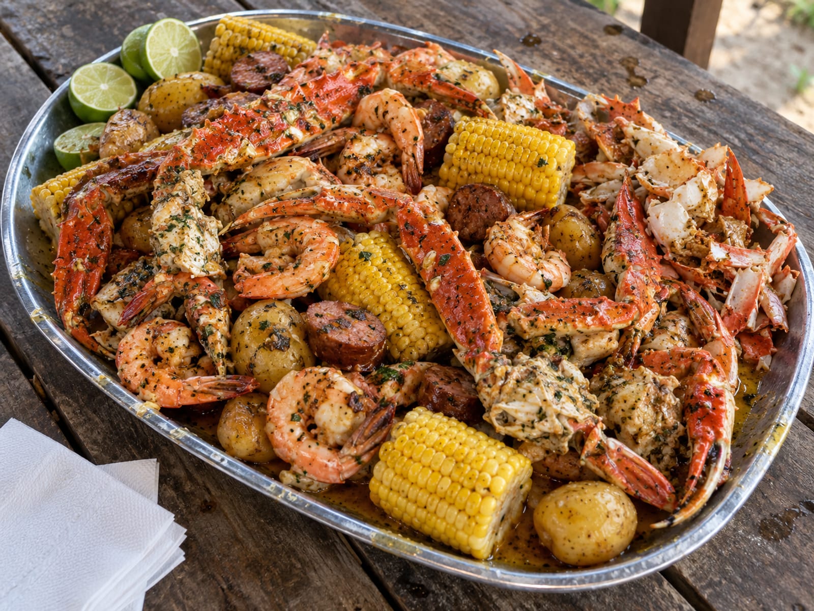 A tray of seafood boil with crab, shrimp, corn and potatoes