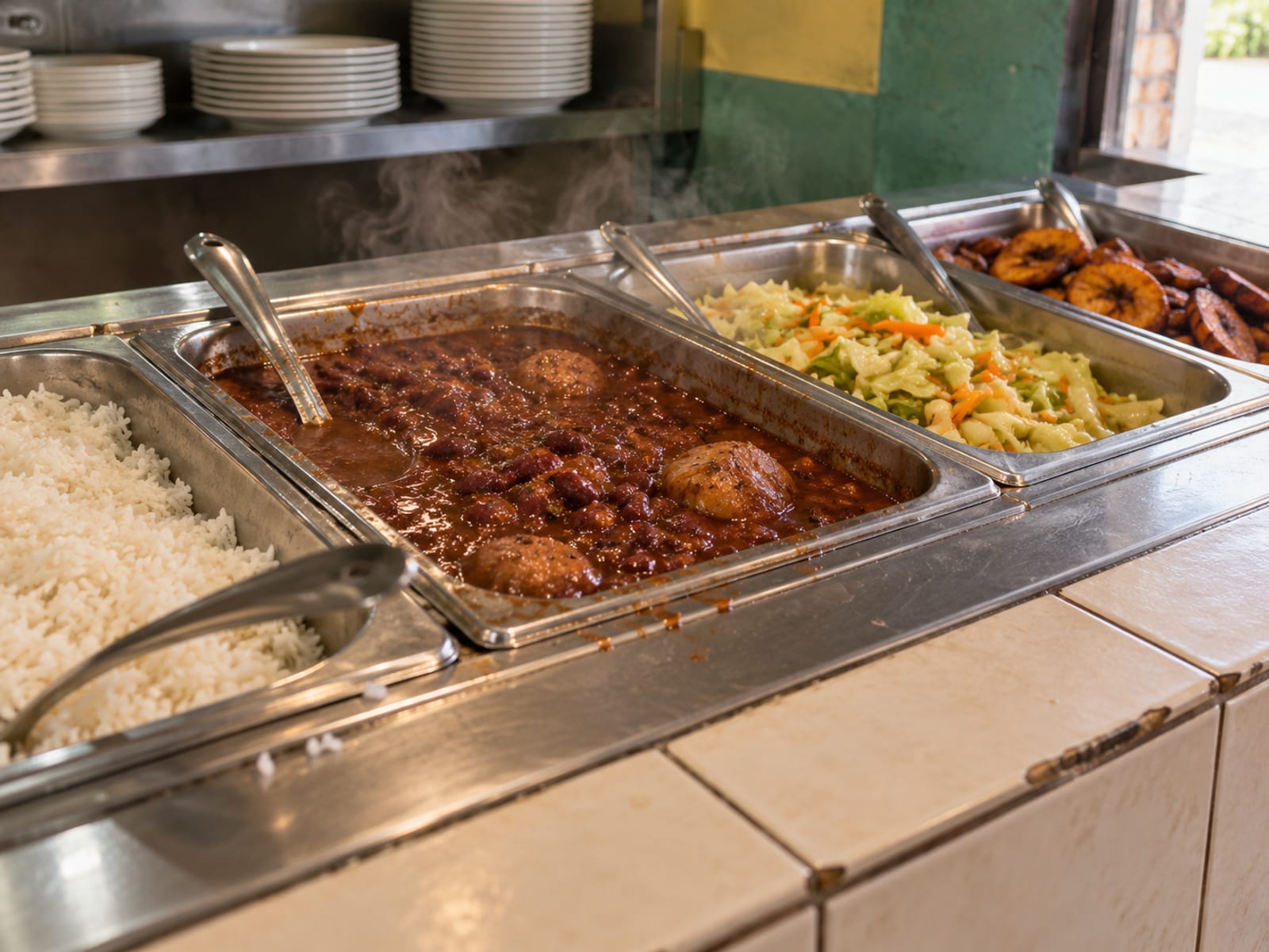 A row of steel pans with rice, stews and vegetables on a cookshop counter