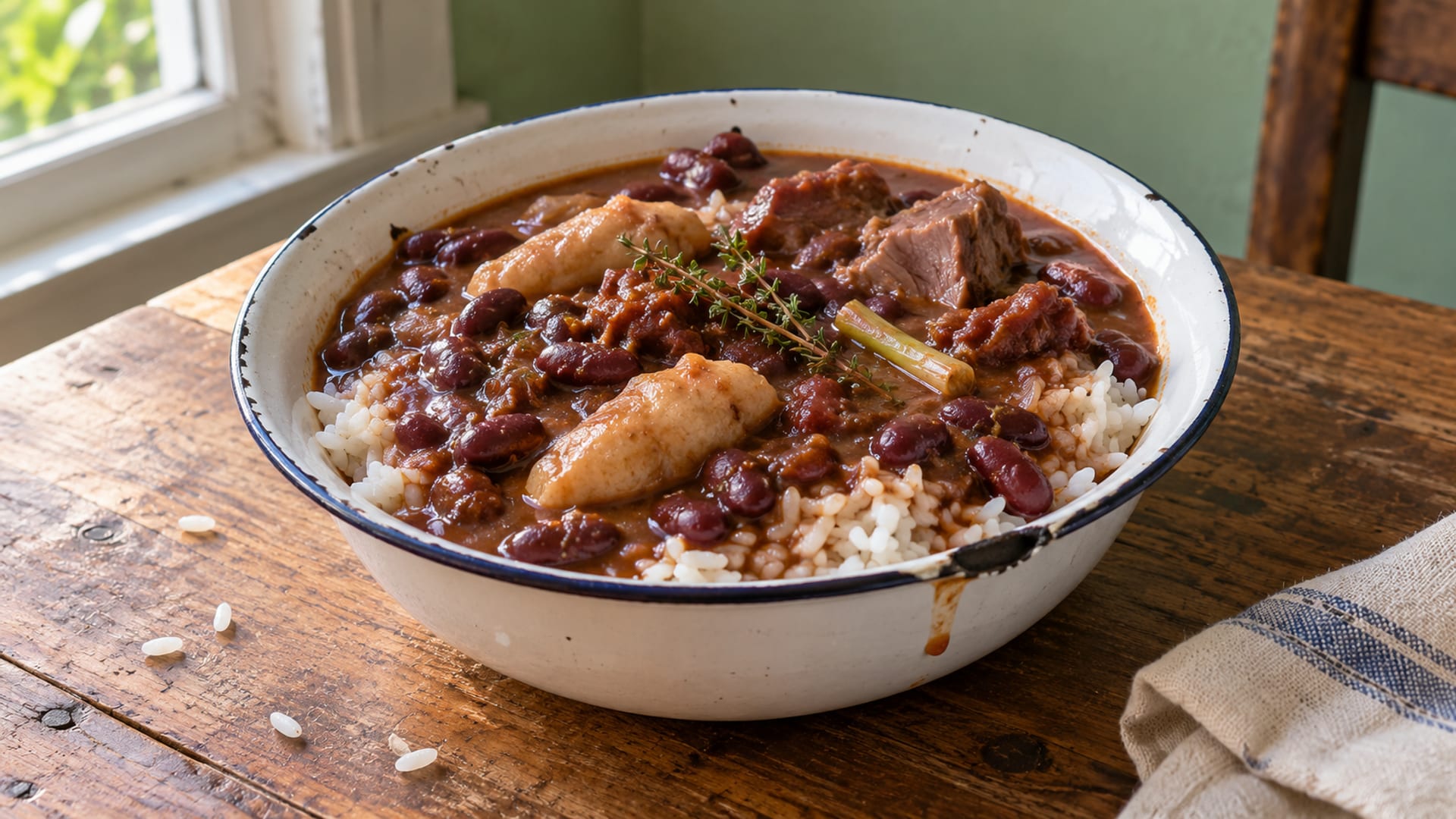 Thick red bean stew with dumplings served over white rice in a bowl