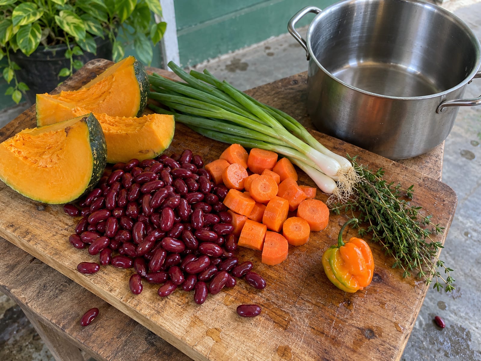 Red kidney beans, carrots, pumpkin and thyme on a wooden board beside a pot