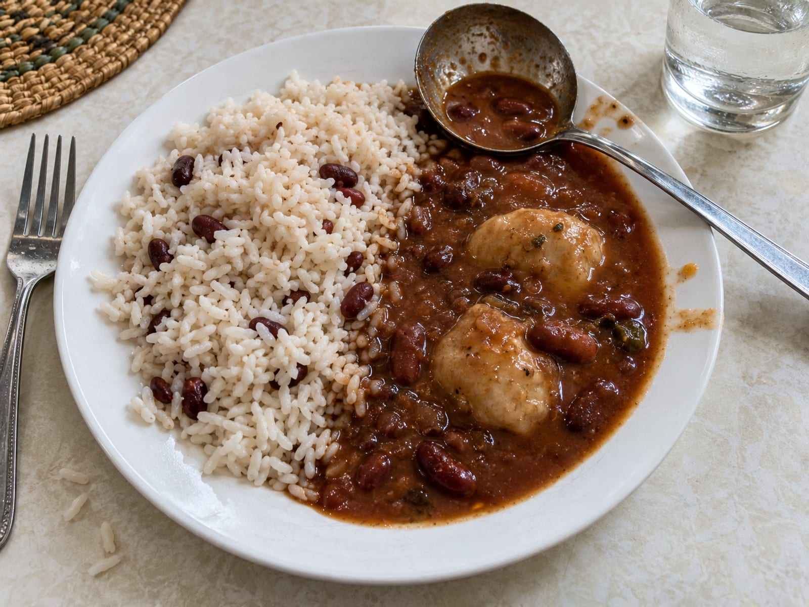 A plate of white rice with a ladle of thick red bean stew and dumplings