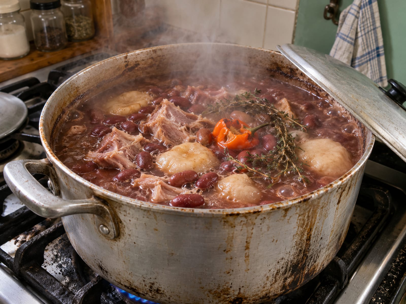 A pot of red kidney bean stew with dumplings and salted meat simmering on a stove