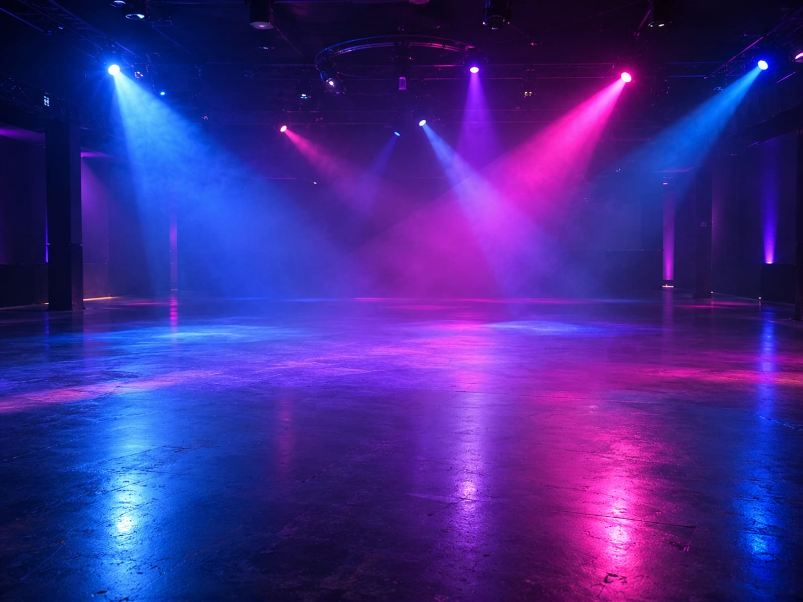 An empty dance floor lit by blue, pink and purple stage lights