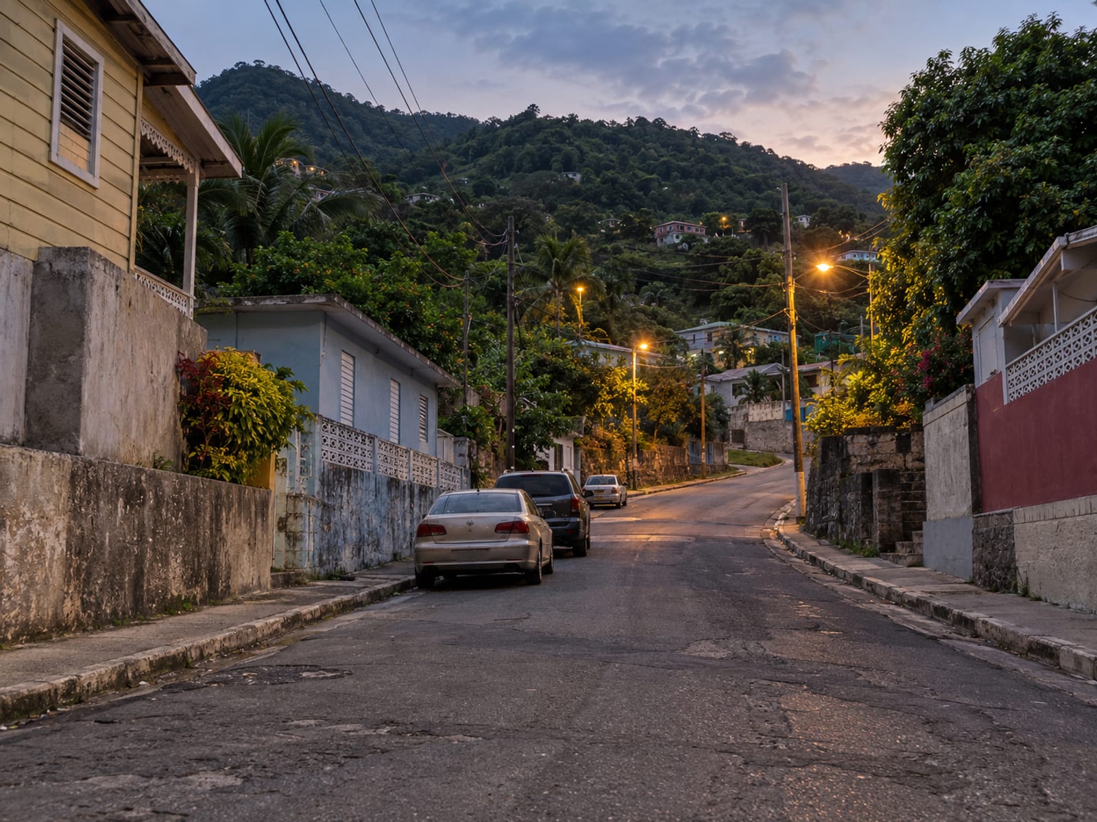A quiet Mandeville hillside street in the evening with parked cars and green hills behind
