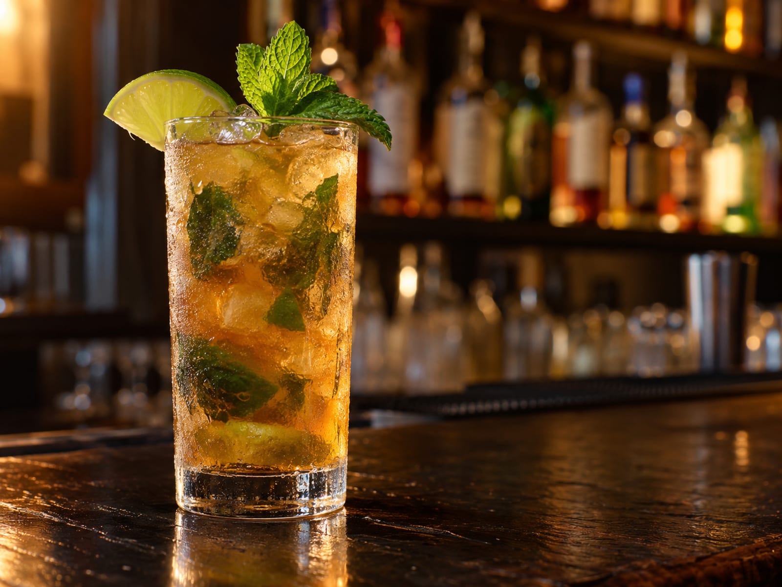 A tall rum cocktail with lime and ice on a dark bar counter