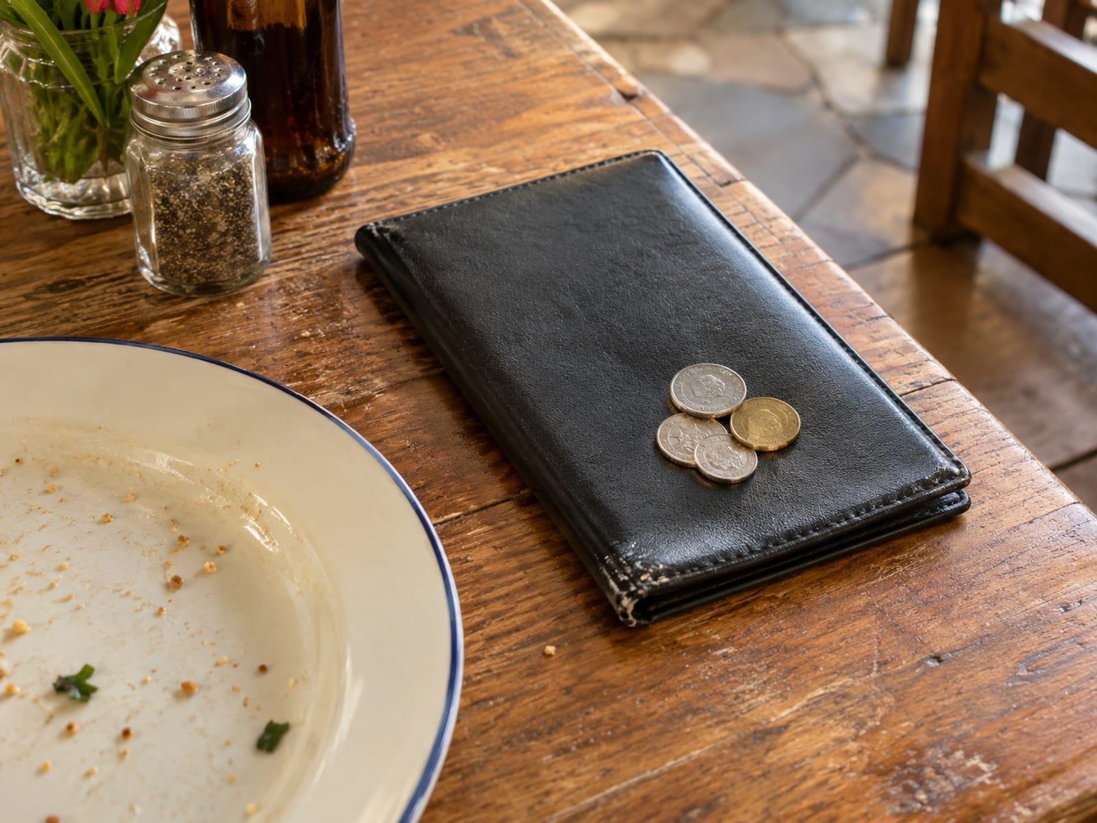 A small check folder and a few coins on a wooden restaurant table beside an empty plate
