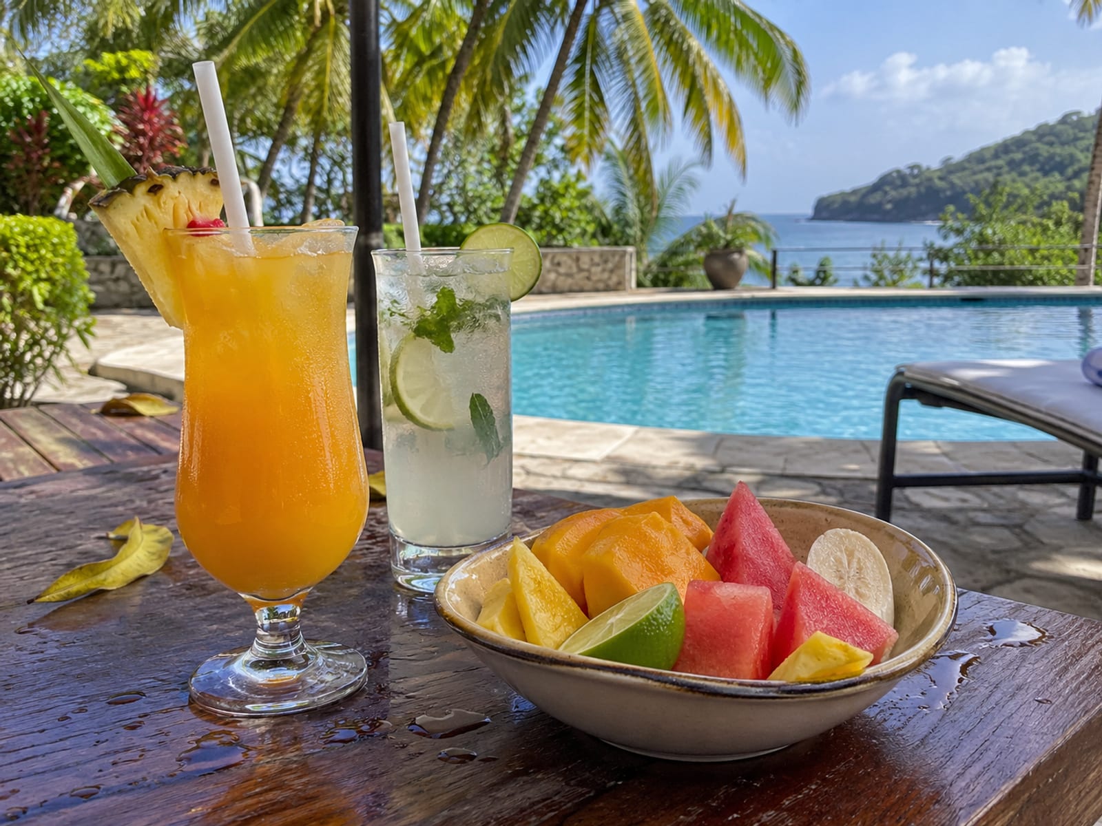 A poolside table with tropical drinks and a bowl of fruit beside a pool at a tropical resort