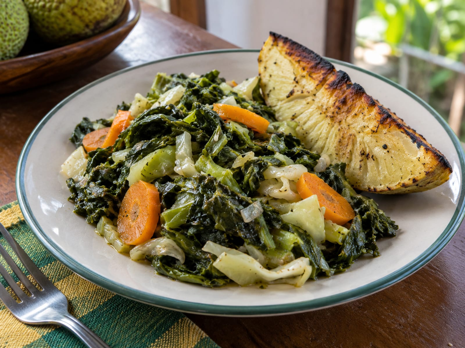 Steamed callaloo and cabbage with sliced carrots on a plain plate