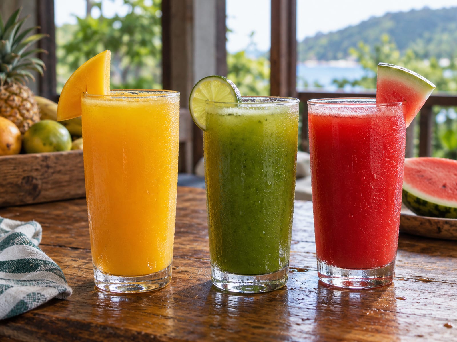 Tall glasses of fresh fruit juice on a table in morning light