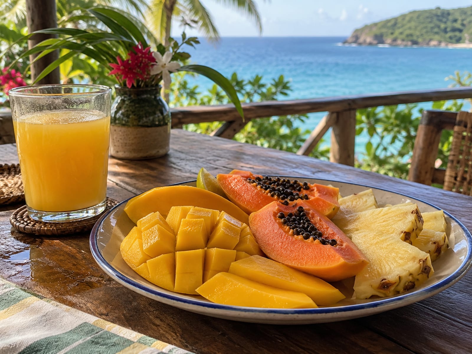 A terrace breakfast table with a plate of fresh tropical fruit and a glass of juice