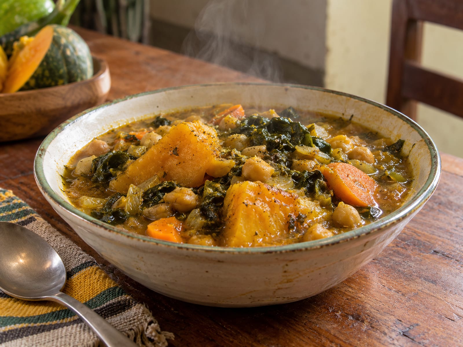 A bowl of vegetable stew with pumpkin, carrots and greens on a wooden table