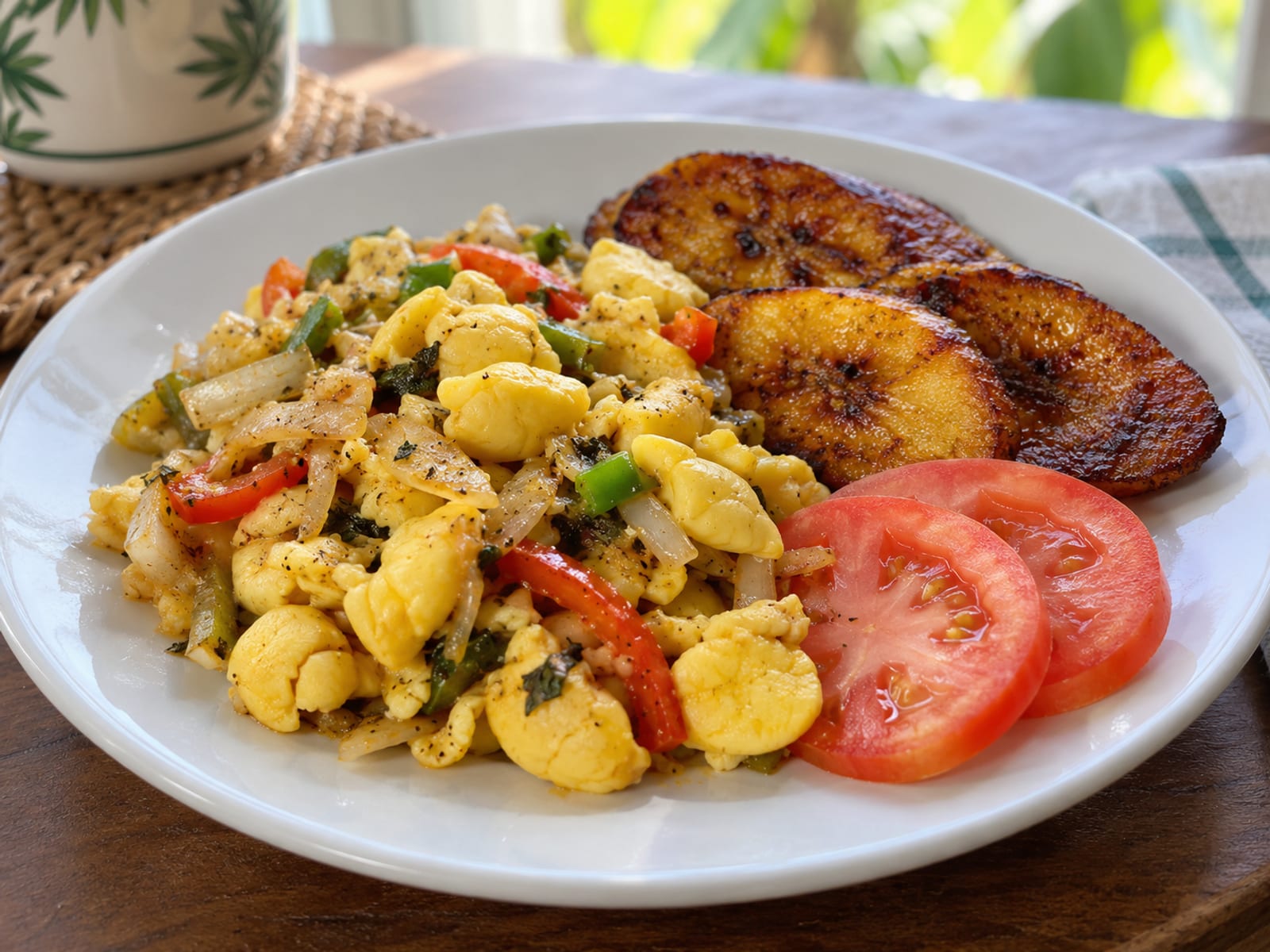 Ackee and vegetable scramble with fried plantain and sliced tomato on a white plate