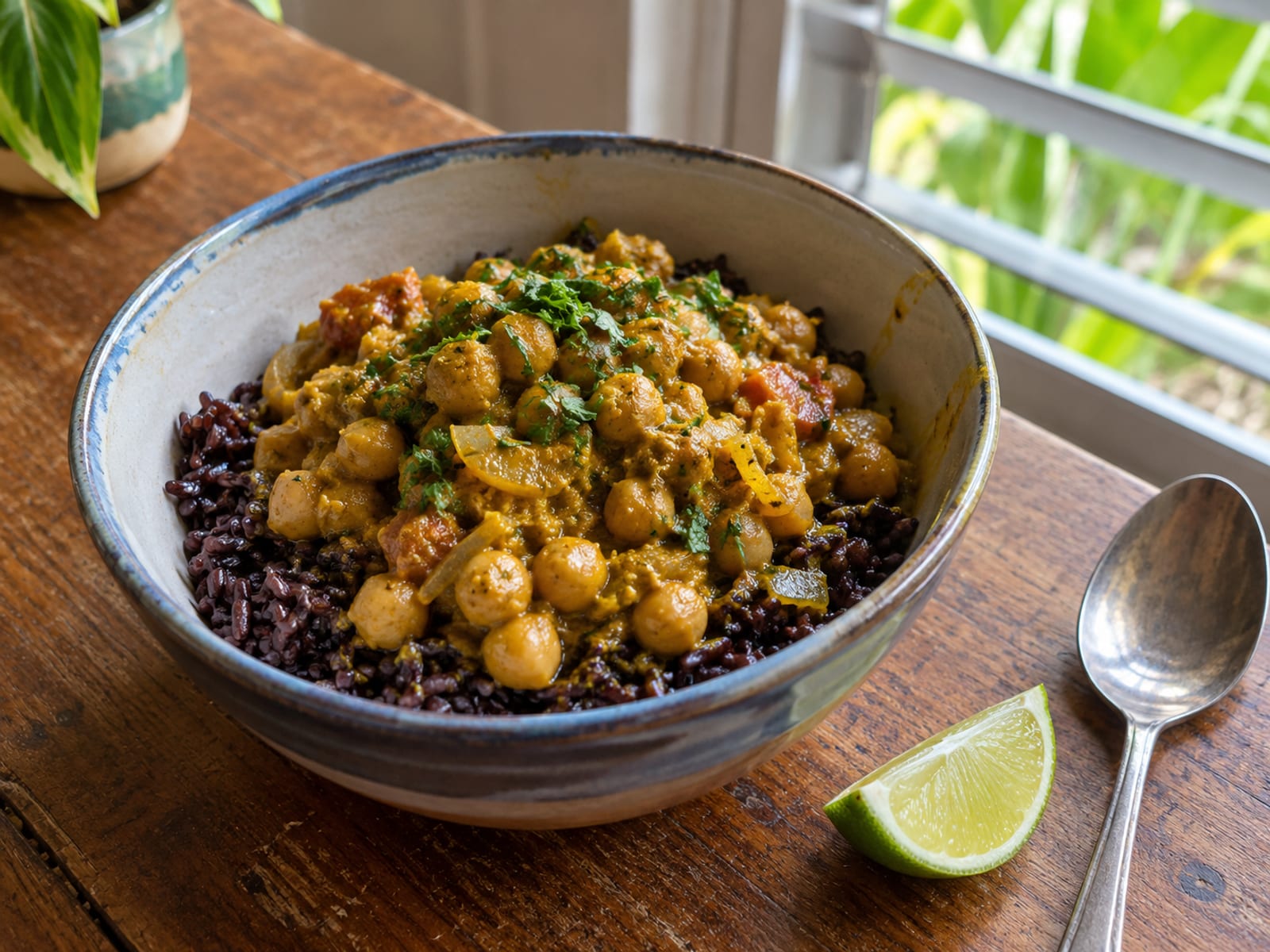 A bowl of black rice with curried chickpeas and a lime wedge on a wooden table