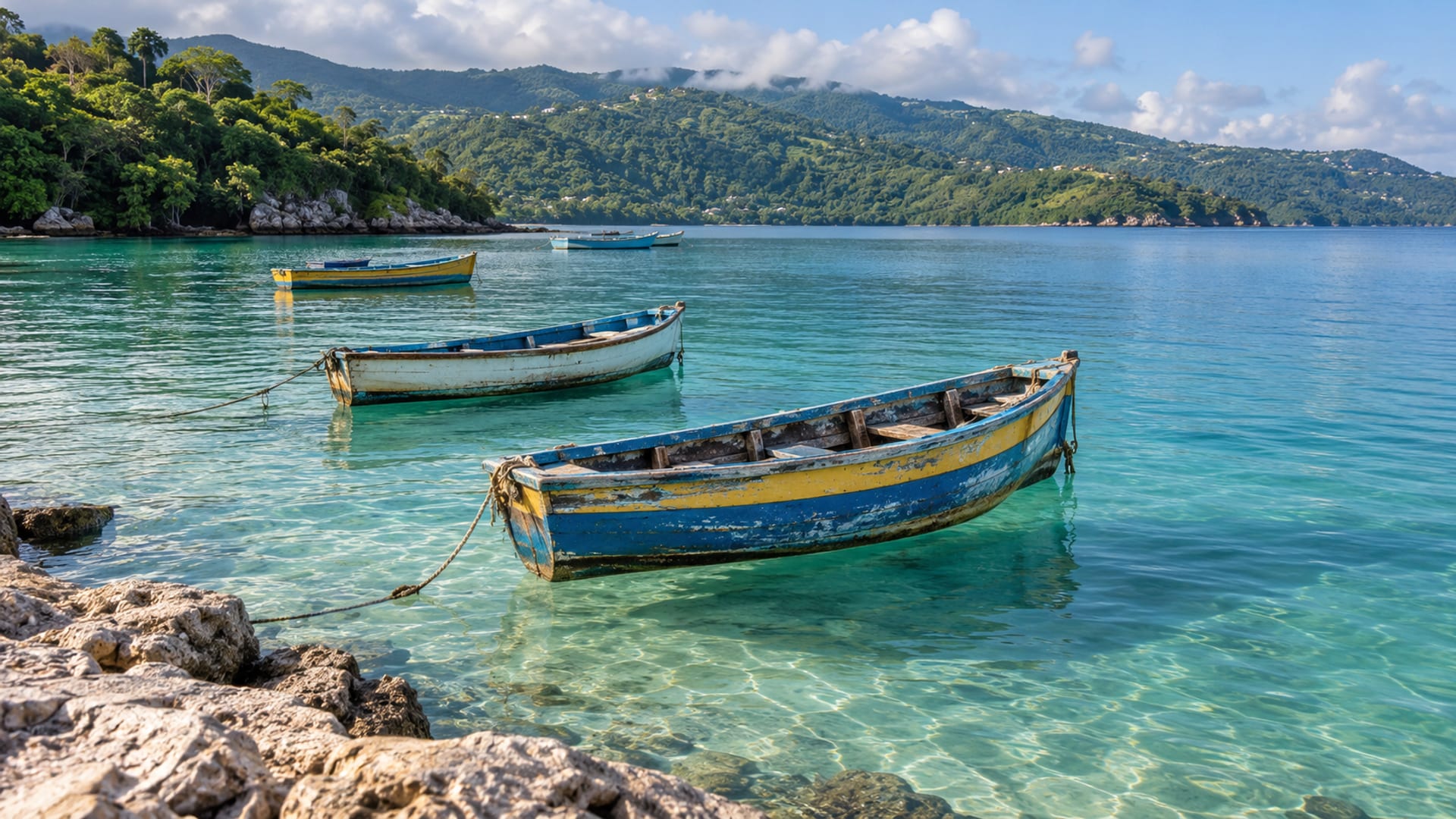 Colourful wooden fishing boats anchored in a calm turquoise bay with green hills behind