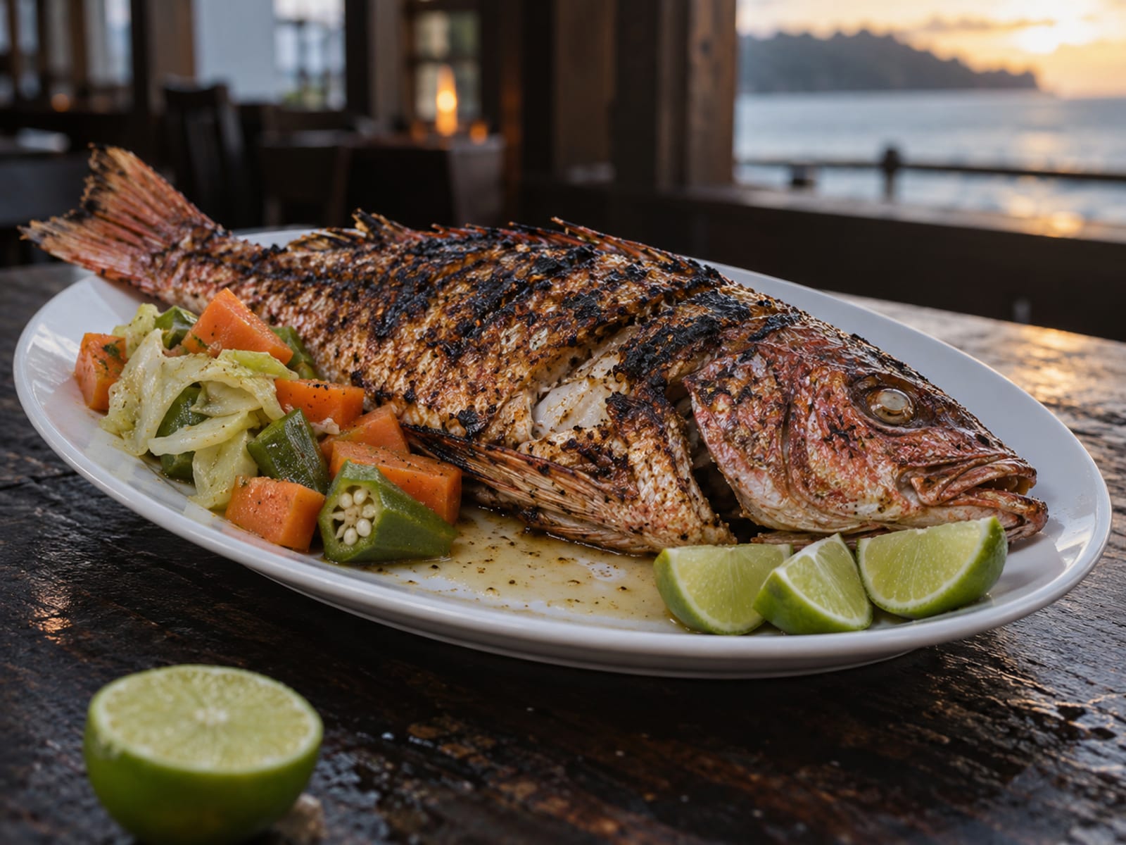 A whole grilled red snapper with lime and vegetables on a white plate