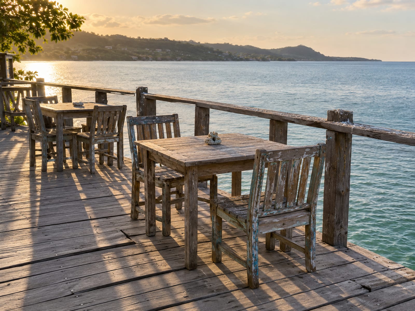 A wooden deck over calm bay water at golden hour with empty tables
