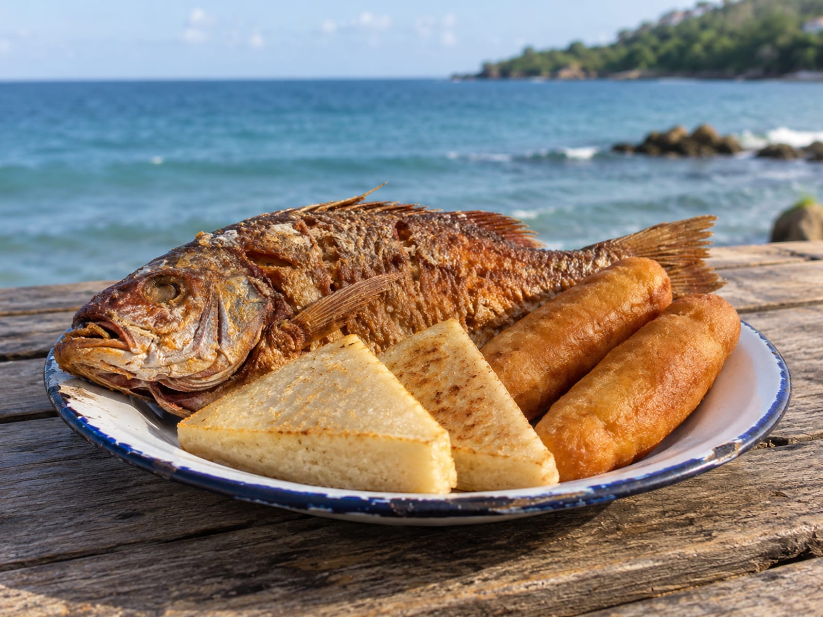 Whole fried fish with bammy and festival on a plain wooden table beside the sea