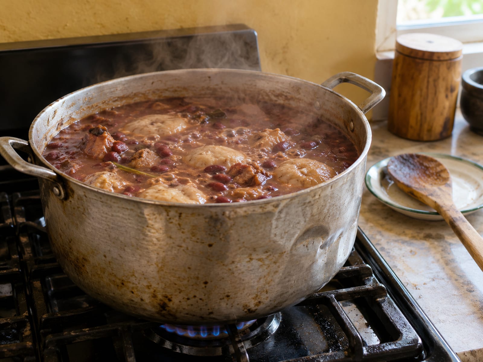 A large pot of stew peas with spinners simmering on a stove in a cookshop kitchen