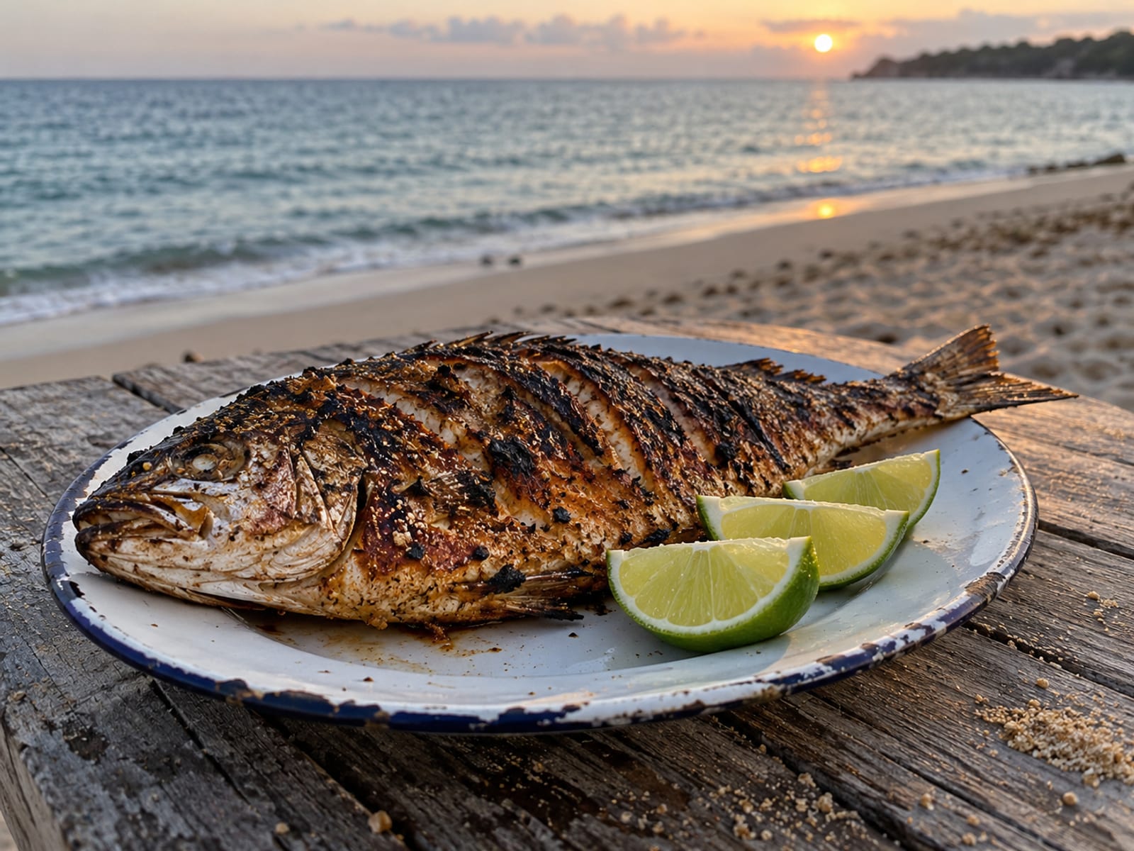 Grilled whole fish with lime wedges on a plate beside a beach at sunset