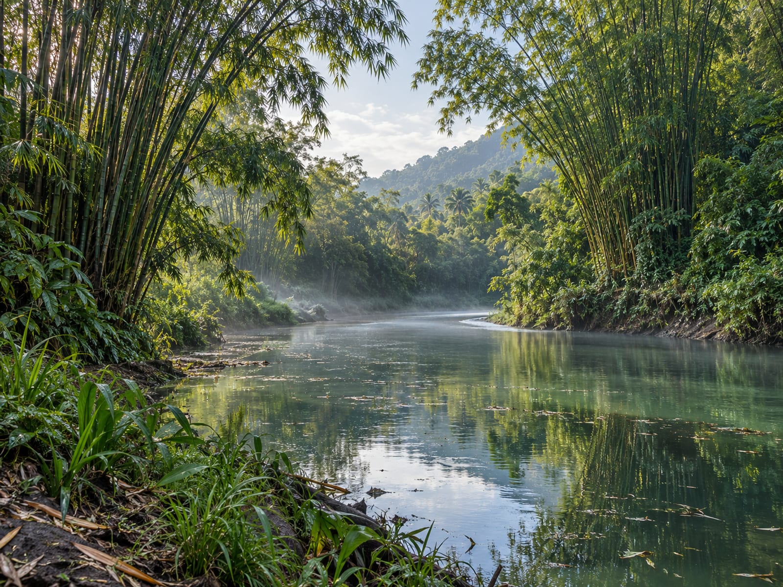 A calm tropical river lined with tall bamboo and green banks in soft light
