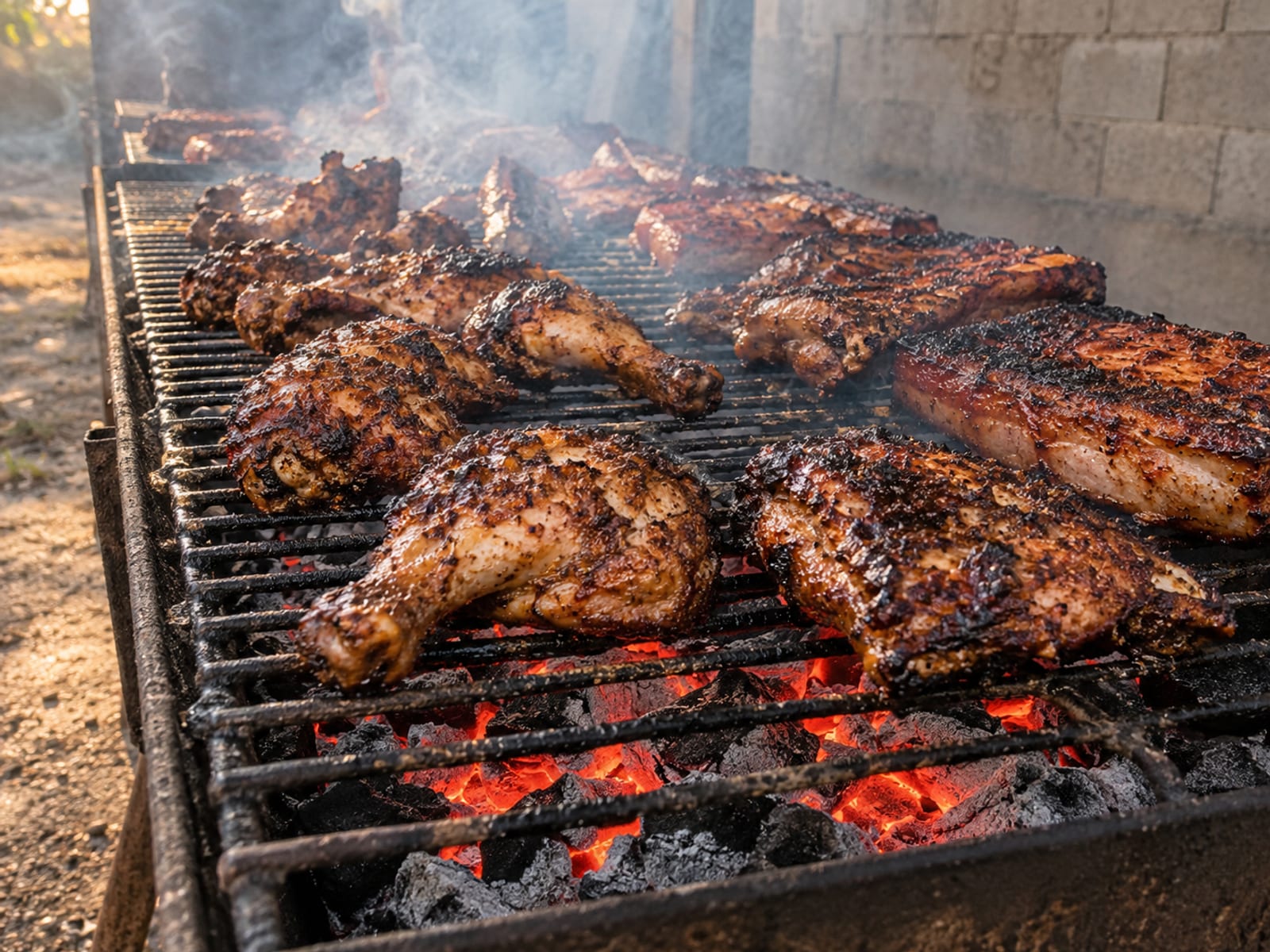 Chicken and pork pieces on a smoky grill over glowing coals