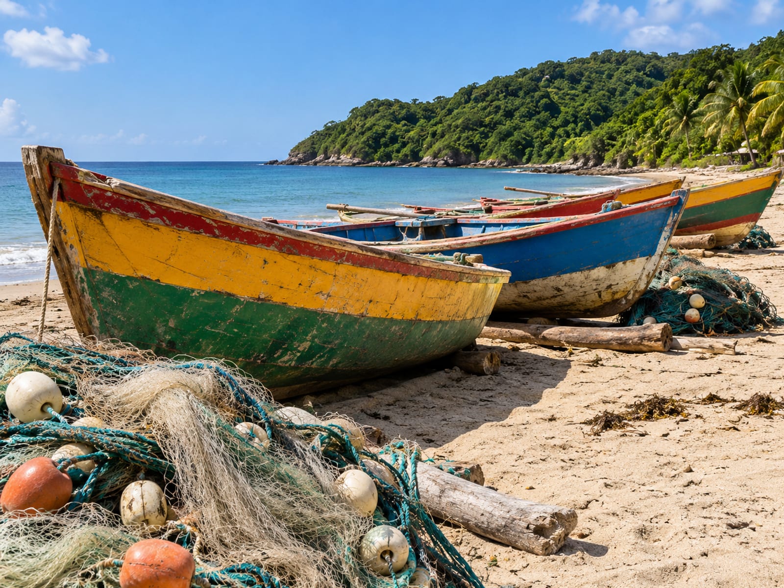 Painted wooden fishing boats pulled up on a sandy Jamaican beach at midday
