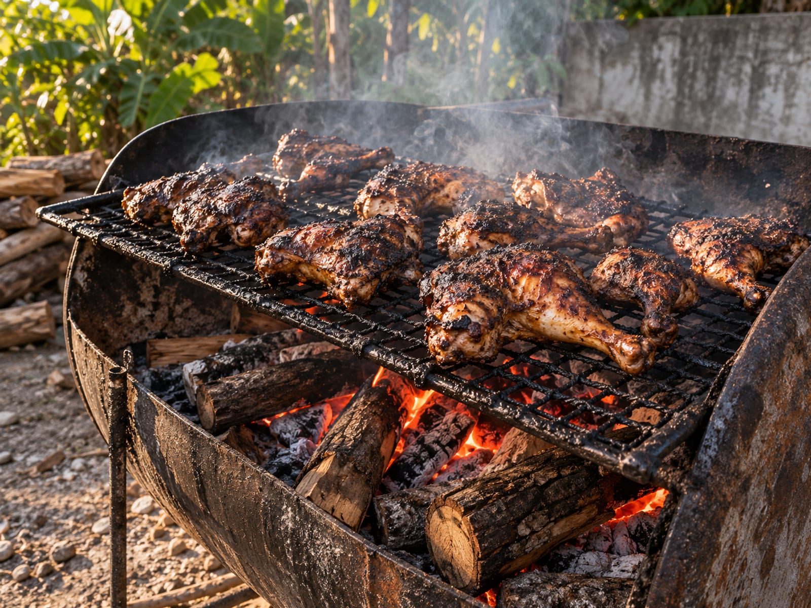 Jerk chicken cooking over pimento wood smoke on a metal drum grill