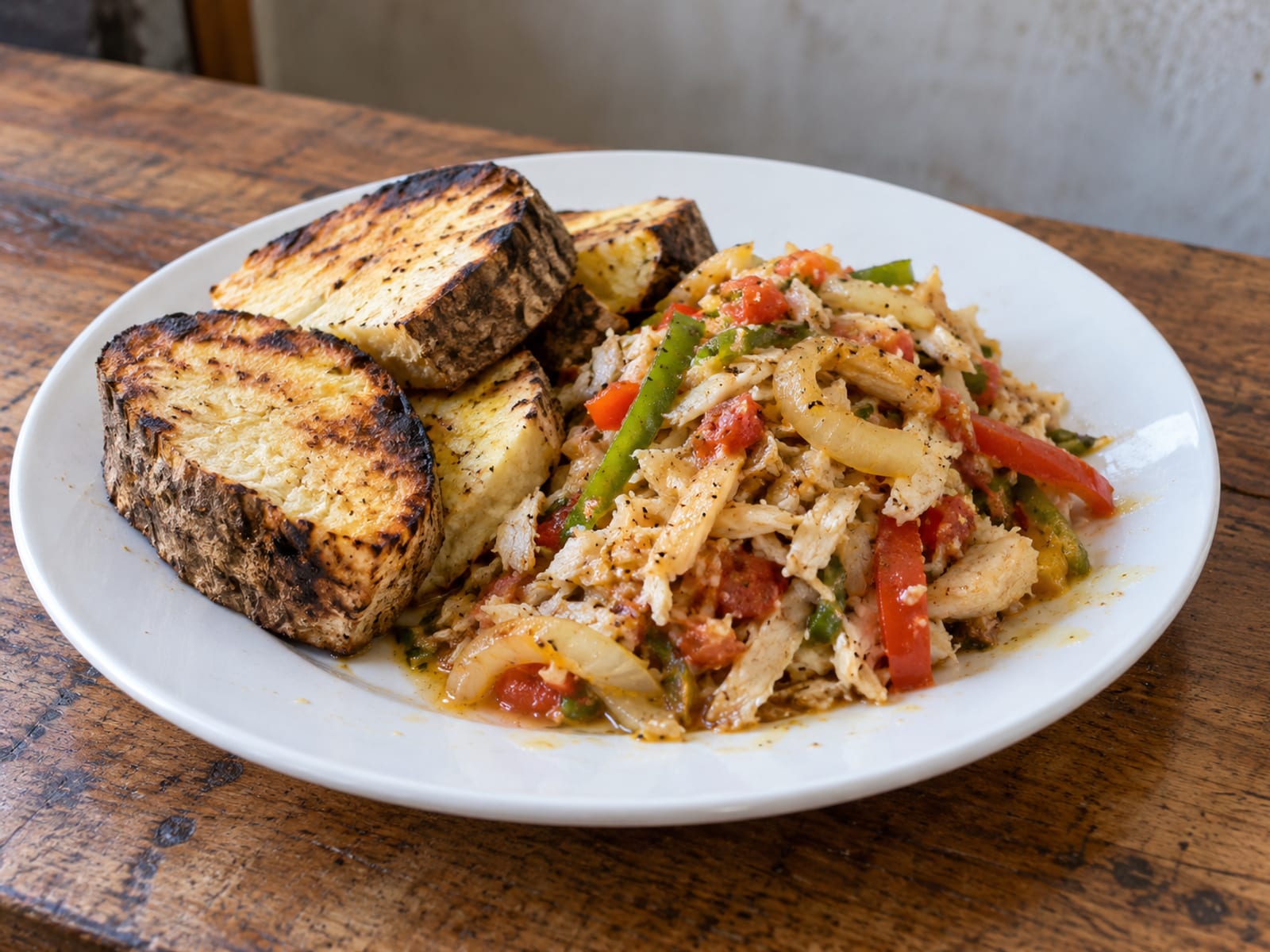 Roasted yam and saltfish served on a plain plate on a roadside wooden counter