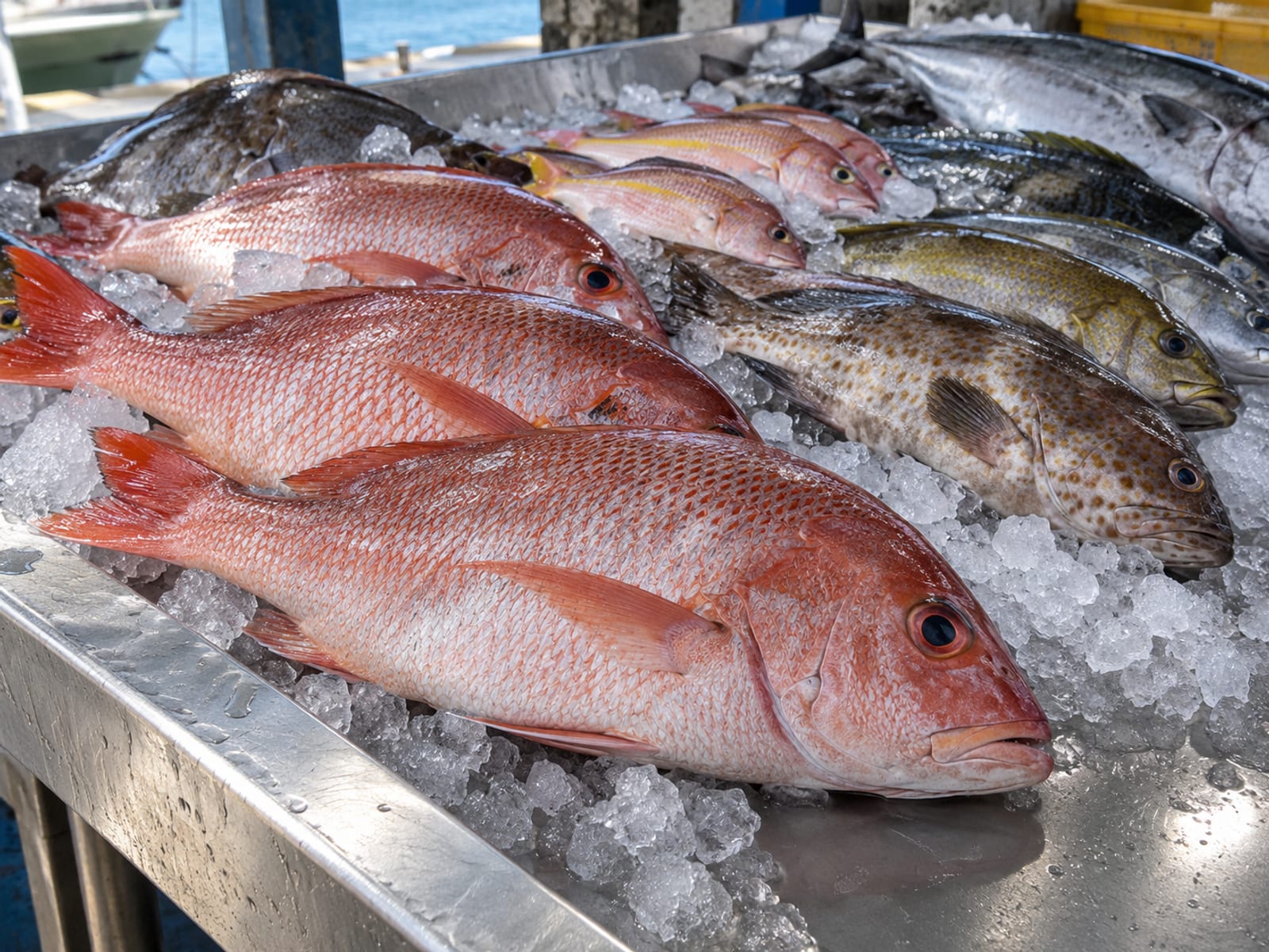 Whole fresh fish laid out on crushed ice on a stainless table