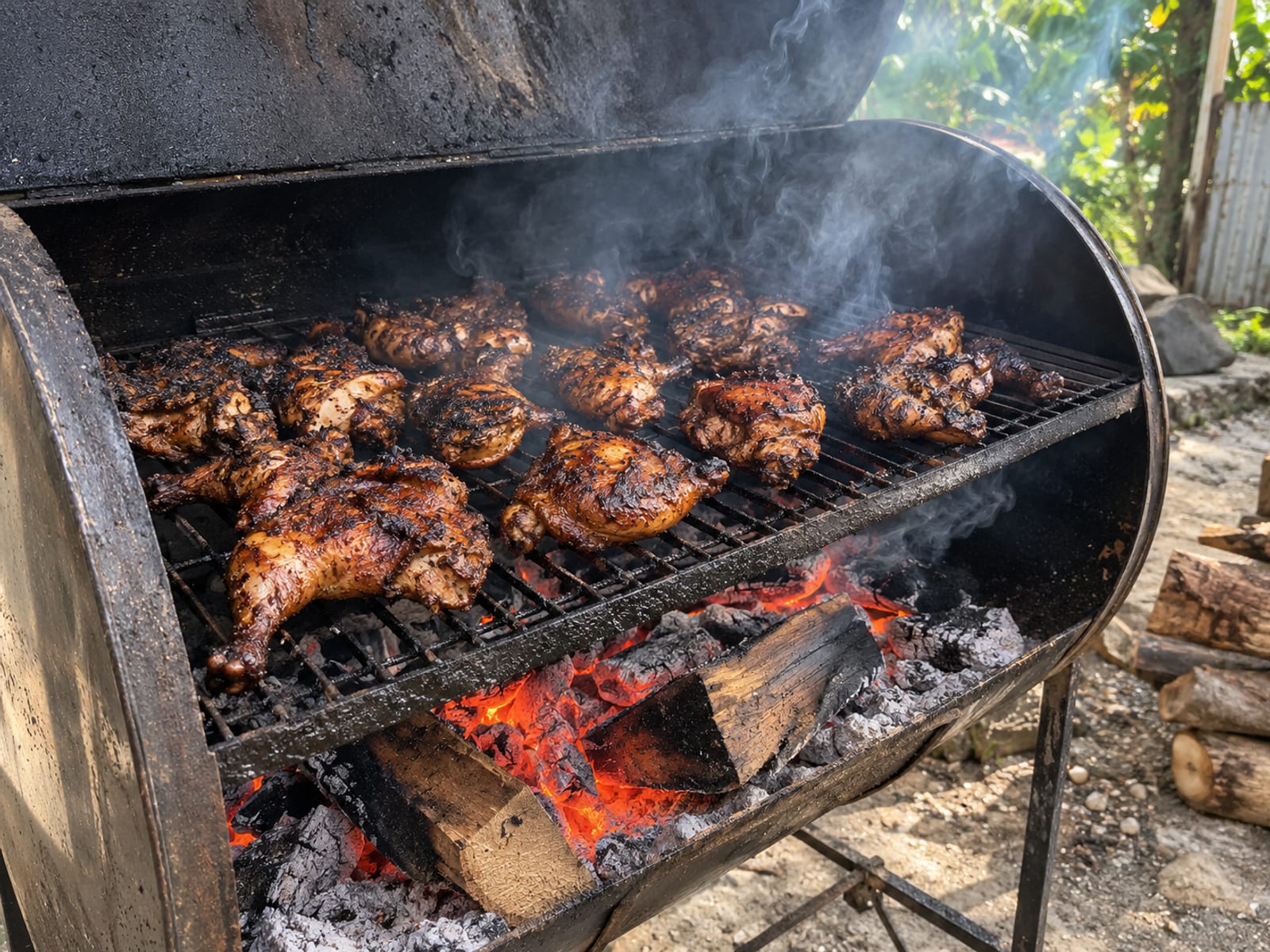 Smoke rising from jerk chicken cooking over a pimento wood fire in a steel drum grill