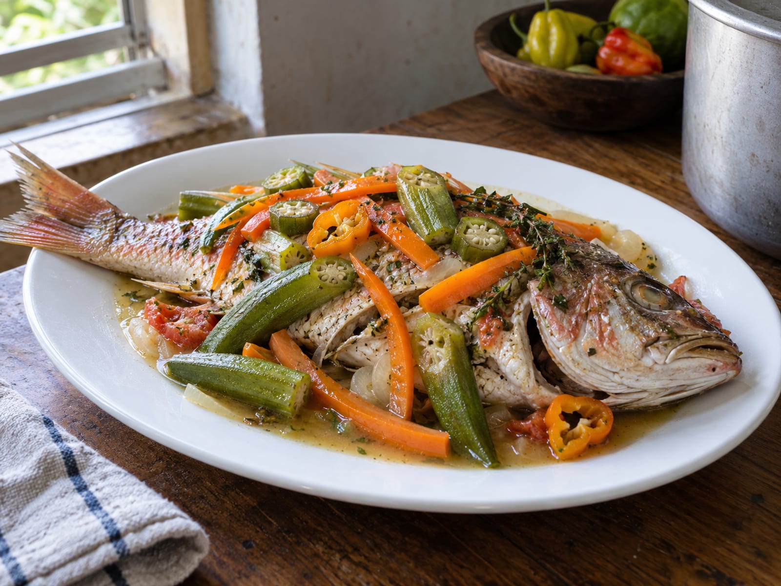 Whole steamed fish with okra and peppers on a plain white plate