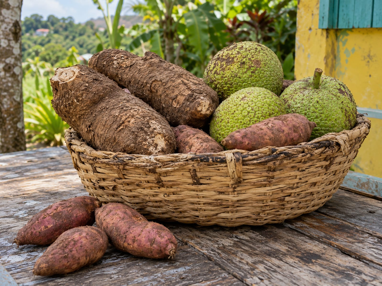 Yam, breadfruit and sweet potatoes heaped in a woven basket on a wooden table