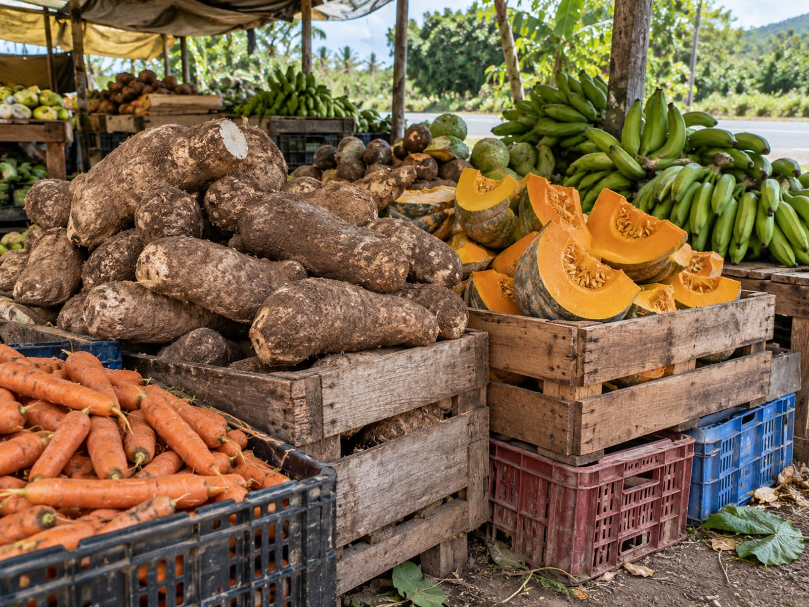 Crates of fresh yams, pumpkin and green bananas stacked at a farm market