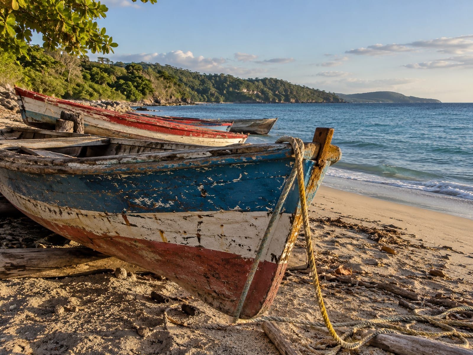 Colourful wooden fishing boats pulled up on a south coast beach