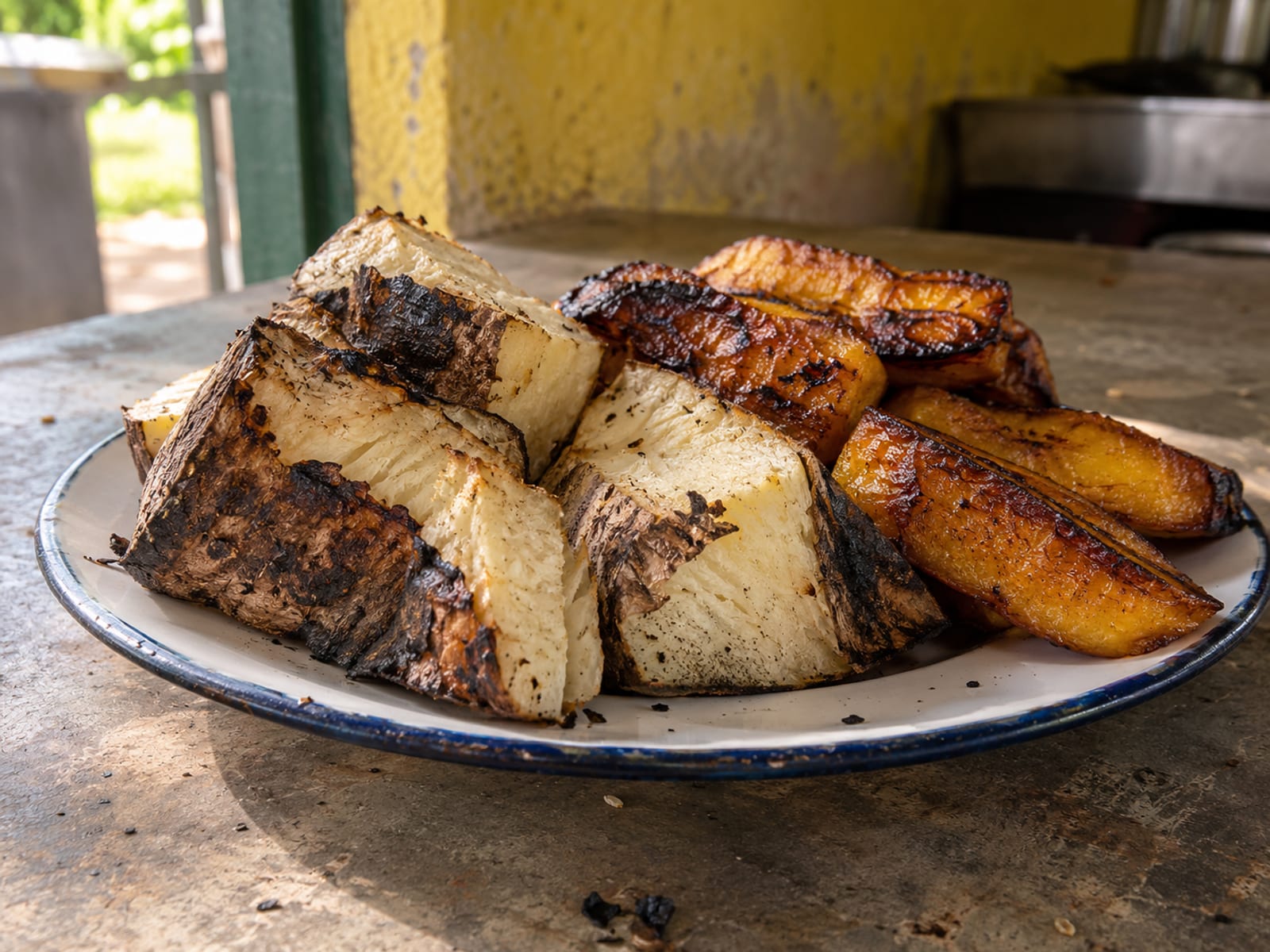 Roasted yam and fried plantain on a roadside counter