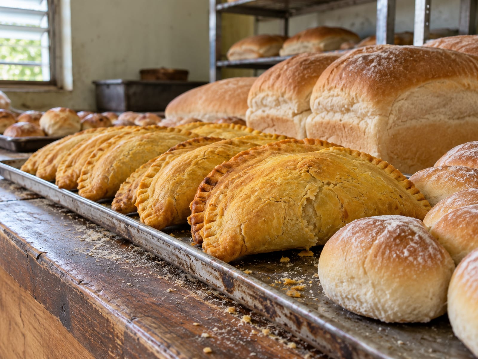 Golden patties and fresh bread loaves on a wooden bakery counter