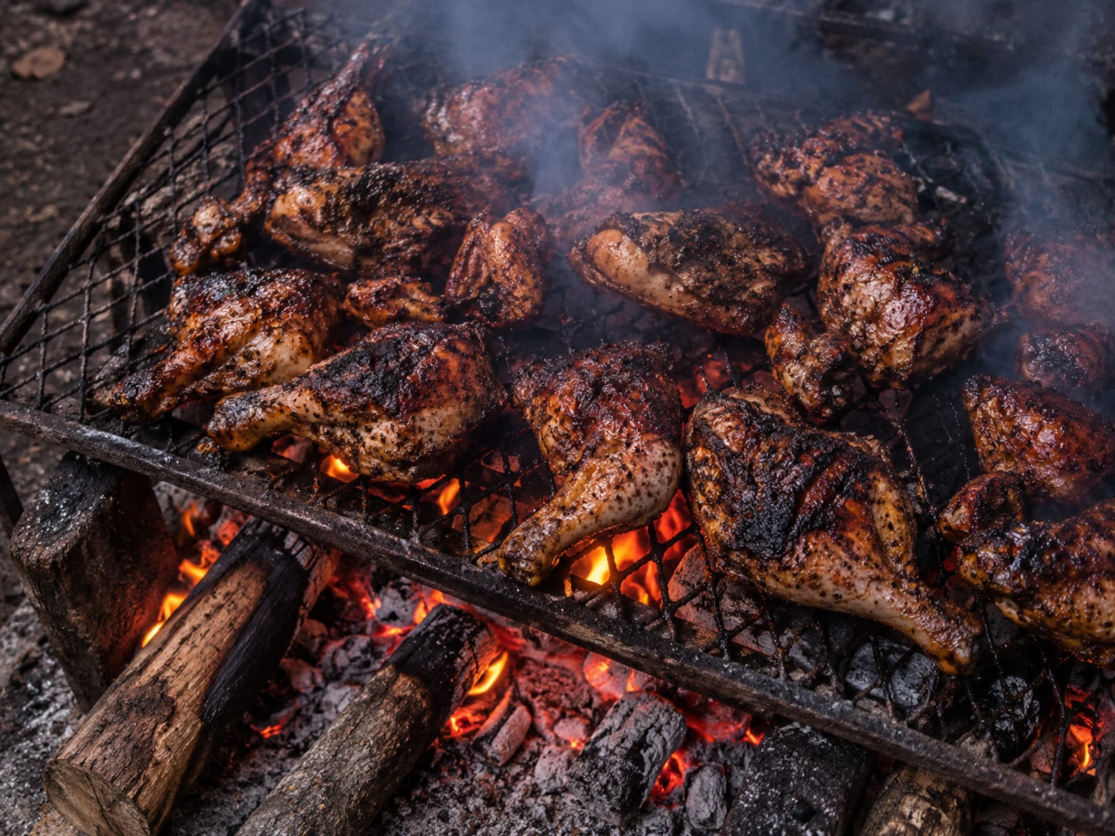 Jerk chicken pieces cooking over smoke on a rustic grill