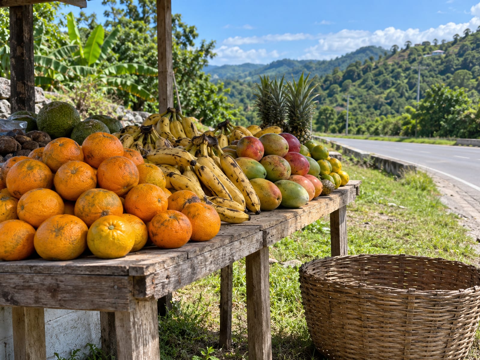 Oranges and other fresh fruit laid out on a roadside table