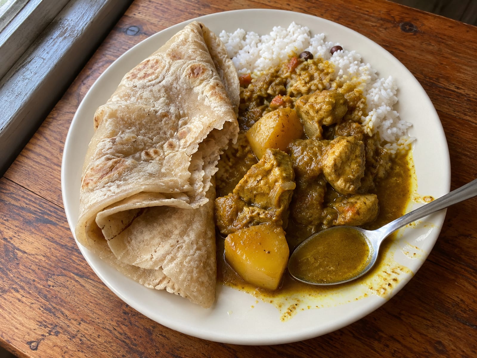 A roti wrap and curry served with rice on a plain plate