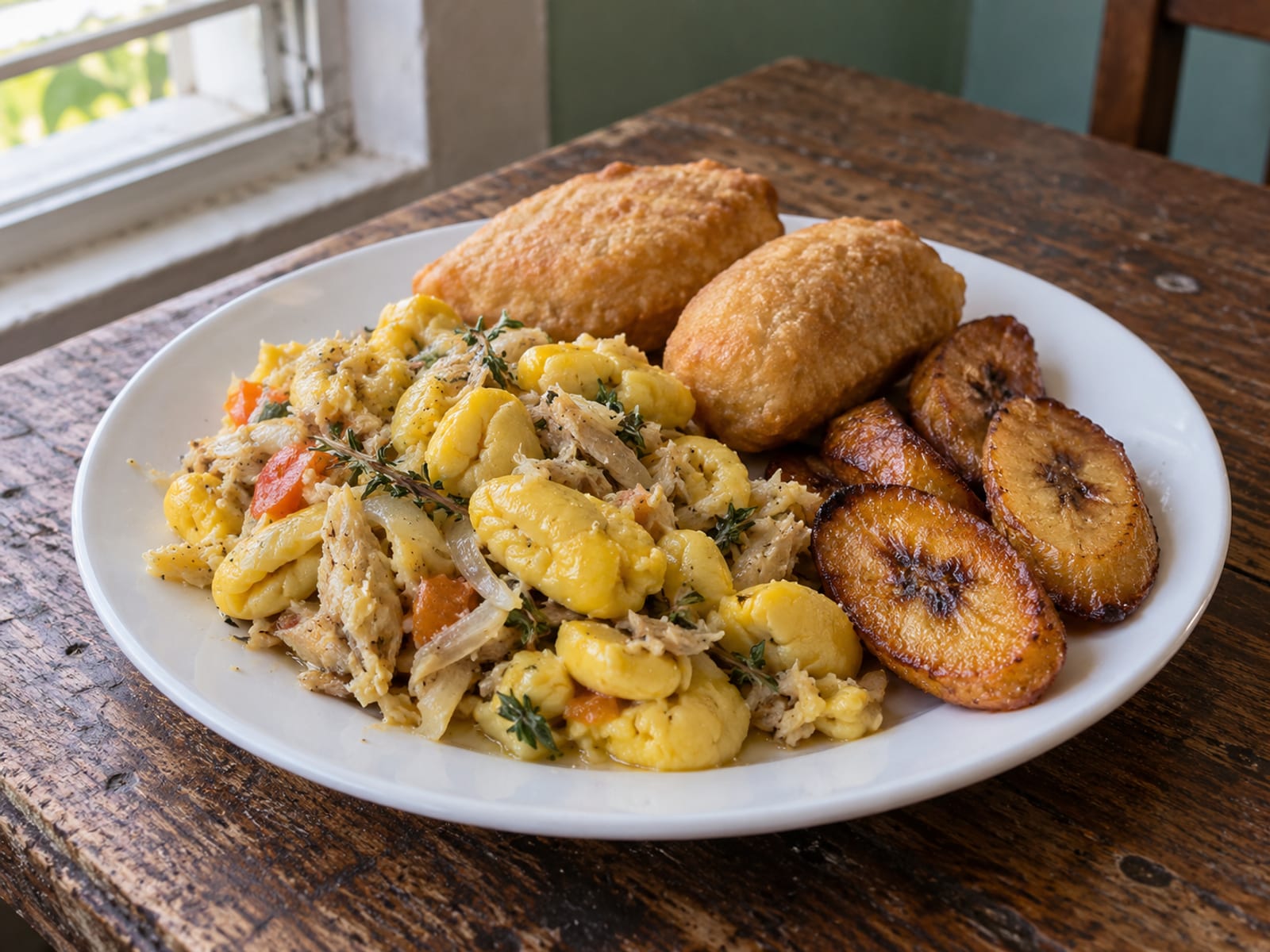 Ackee and saltfish with fried dumplings and sliced plantain on a plain plate