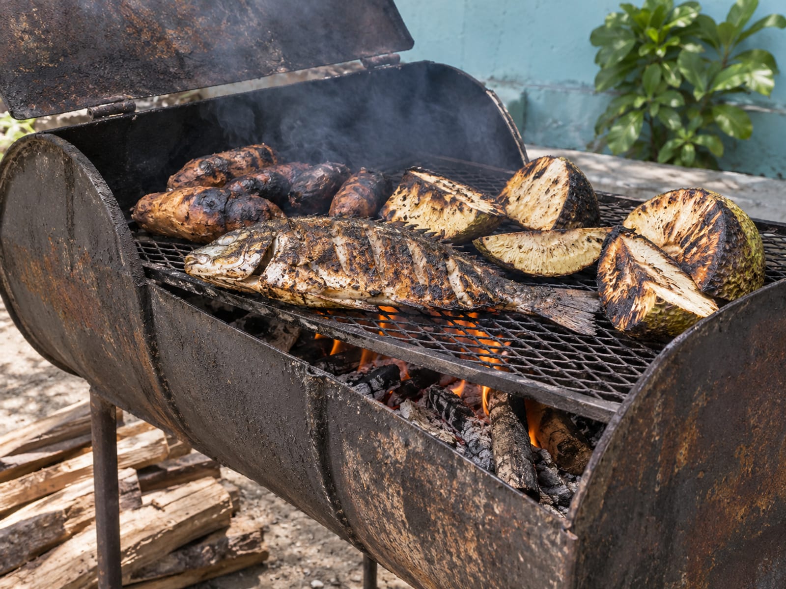 Fish, sweet potato and breadfruit cooking over a wood fire in a steel jerk drum