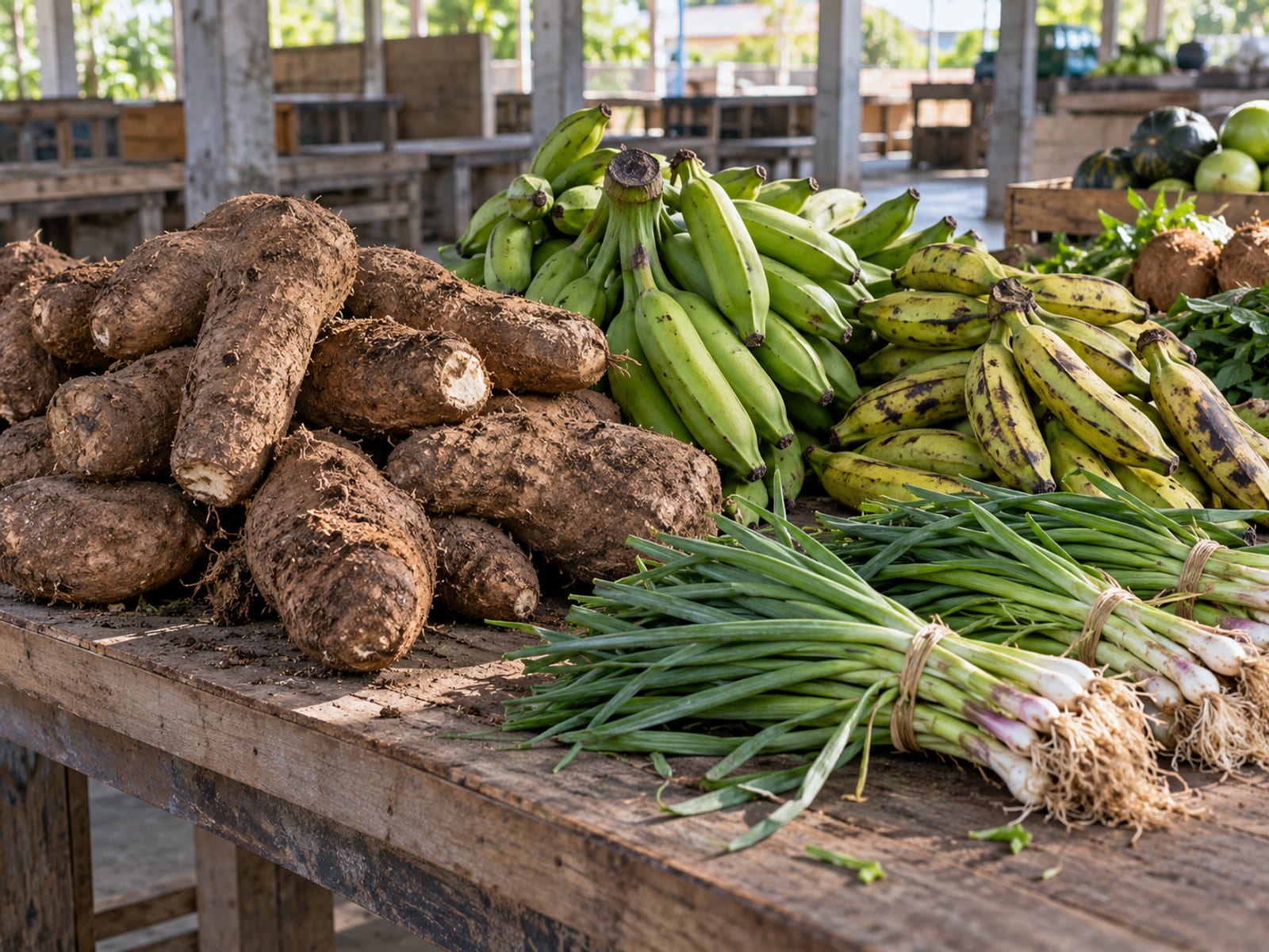 A market table stacked with yams, green bananas, plantains and scallion in morning light