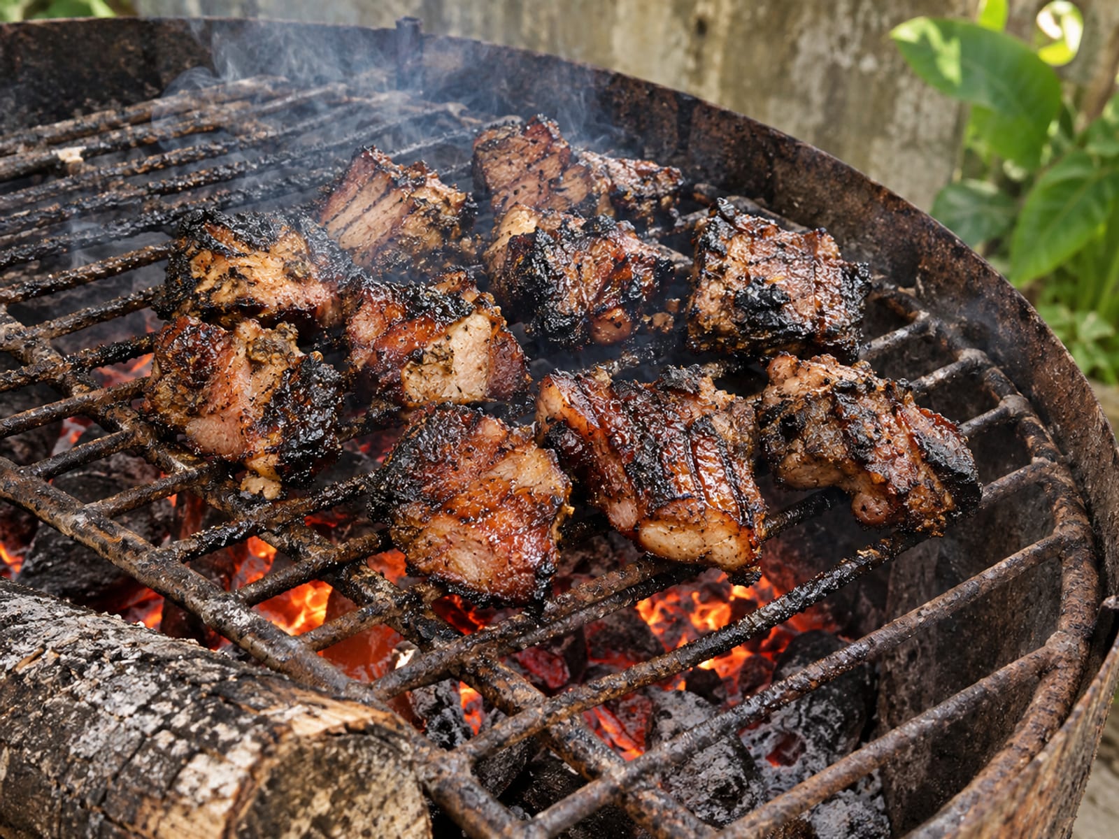 Jerk pork cooking on a metal grill over wood coals with light smoke